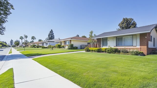Picturesque suburban street lined with well-maintained homes and lush lawns on a clear sunny day