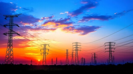 Electric towers lined up against a sunset