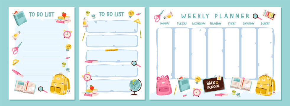 School kids planner. Weekly planner for children with school supplies elements. To do list with a backpack, book and education tools - Powered by Adobe