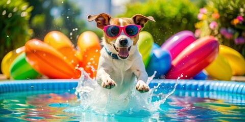 excited puppy jumping pool waves sunglasses slipping nose silly fun playful carefree summer vibes bright colorful pool inflatables