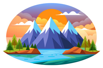 Mountainous Landscape with a Sun Setting Over a Lake and Forest
