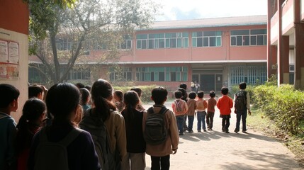 Obraz premium 12082007 331 Parents watching as their children wave goodbye and enter the school building --ar 16:9 --style raw --stylize 250 --v 6.1 Job ID: e9778f64-8434-44bd-8d23-083c86155f2b