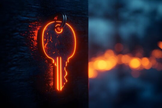 The Burning Key: An ethereal key made of fire hangs on a charred wooden post, set against a fiery, apocalyptic backdrop. 