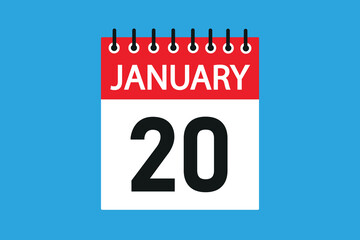 20 January. 20th january professional modern exclusive daily calendar design. Meeting schedule flat icon icon design. White and red color paper. White,black color text. Vector illustration eps 10.