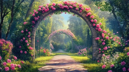 Flowers roses gate arc garden wallpaper background 