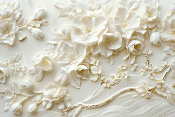 AI generated illustration an intricate white bas-relief sculpture of flowers on a wall