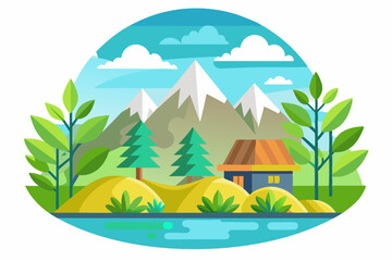 A Cabin in the Mountains with a Lake and Lush Greenery