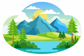 A Sunny Day in a Mountain Valley with a River and Trees