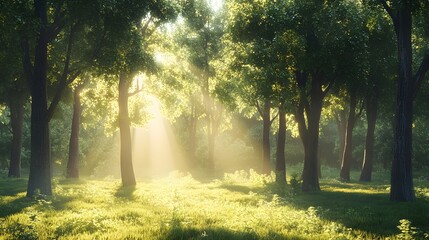 90. Stunning 3D visualization of a tranquil forest clearing with sunlight streaming through the trees, isolated on a clean background