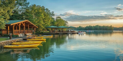 Fototapeta premium Kayaks at a lake resort at sunset.