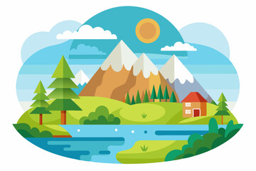 Mountain Landscape with River, Cabin, and Trees