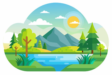 A Sunny Day with a Mountain, Trees, River, and Blue Sky