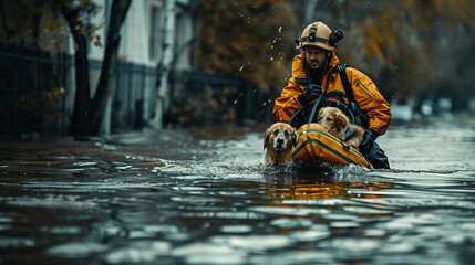 Rescue dog and handler navigating through a flooded area