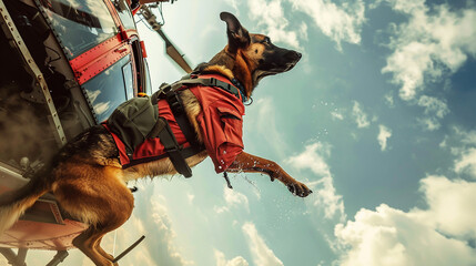 Rescue dog being lowered from a helicopter during a rescue operation