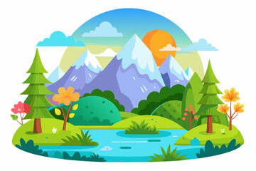 Obraz premium Cartoon Illustration of a Serene Mountain Landscape with a River