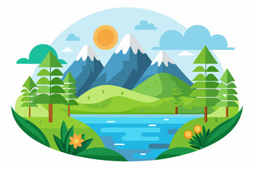 Obraz premium A Mountain Landscape with a Stream, Trees, and a Bright Sun