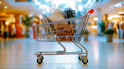 A lone red shopping cart, a symbol of retail commerce, stands abandoned in the cityA lone red shopping cart, a symbol of retail commerce, stands abandoned in the city
