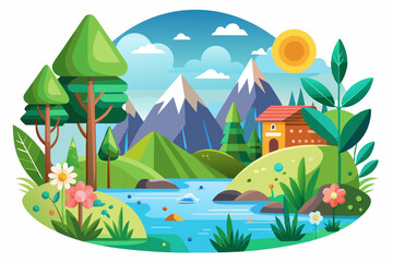 Obraz premium Idyllic Mountain Landscape with River, House, and Sunny Sky