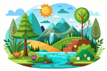 Obraz premium Sunny Mountain Landscape with River and Waterfall