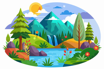 Obraz premium Mountain Landscape with Waterfall and River