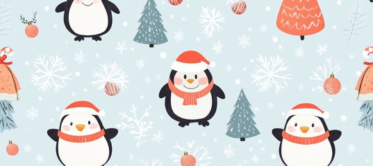 Christmas pattern with cute penguins, Santa Claus, and trees.