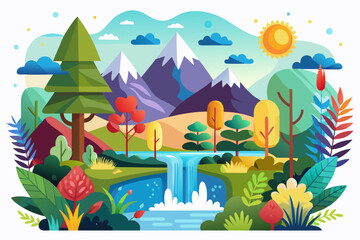 Lush Forest Landscape with Waterfall and Mountains