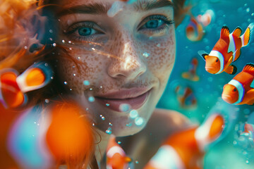 Delightful underwater exploration, people swimming snorkeling diving, Generative AI