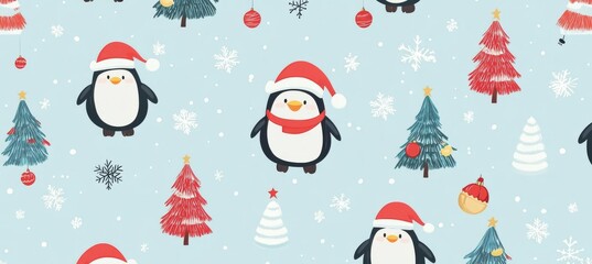 Christmas pattern with cute penguins, Santa Claus, and trees.