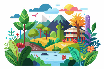 Obraz premium A Colorful Illustration of a House in a Lush Green Landscape with Mountains and a River