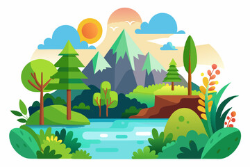 Fototapeta premium Serene Mountain Landscape with River and Lush Greenery