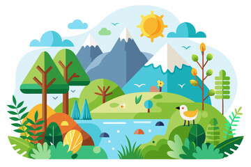Obraz premium A Sunny Day in a Mountain Valley with a River, Trees, and a Bird