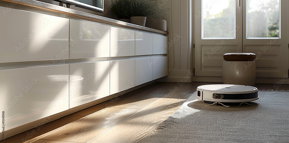 Aufkleber a white cabinet with a small storage space for a round robot vacuum cleaner at the bottom, in direct