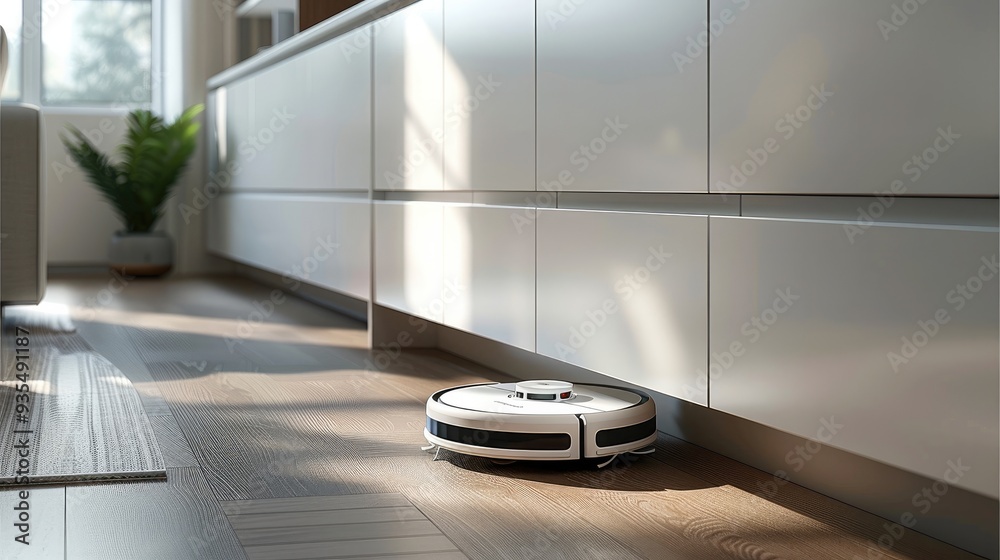 Poster a white cabinet with a small storage space for a round robot vacuum cleaner at the bottom, in direct