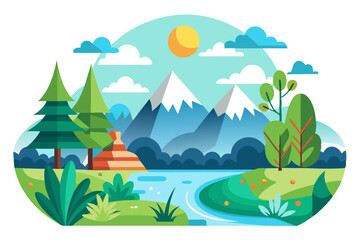 A Scenic View of a River, Mountains, and Trees Under a Sunny Sky