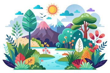 A Vibrant Landscape with Mountains, Trees, Flowers, and a River