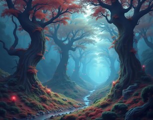 Fototapeta premium Surrealist Dream Forest: imaginative, vibrant, otherworldly, mythical, mysterious