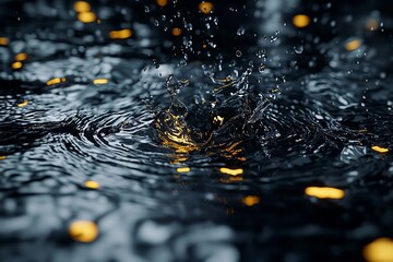 A mesmerizing close-up view of water splashes with golden reflections creating a serene and dynamic atmosphere.