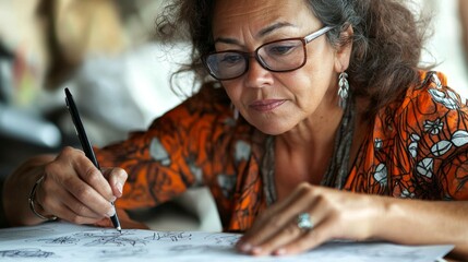 Woman Drawing with Pen and