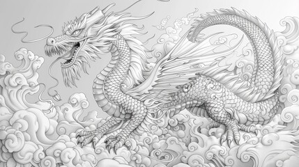 A playful dragon flies among the clouds in this coloring book page, with whimsical designs and patterns, providing a fun and imaginative coloring experience.