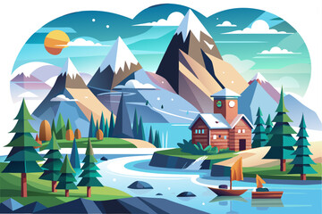 Mountain Cabin by a River with Boat and Sun in Sky