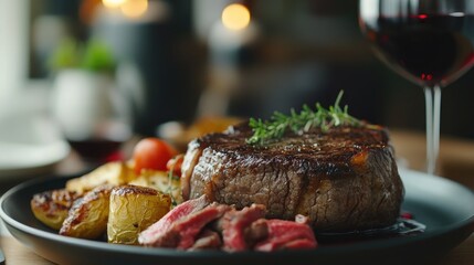 Close up of a juicy steak with a sprig of rosemary, red wine, and roasted potatoes.