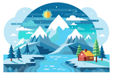 Naklejka premium A Flat Illustration of a Snowy Mountain Landscape with a Cabin