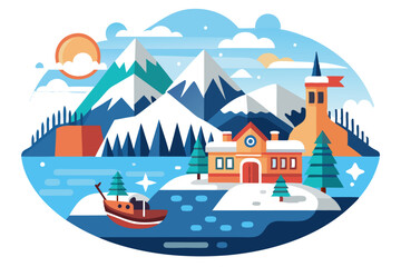 Naklejka premium Snowy Mountain Landscape with a Town and a Boat