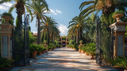 Fototapeta premium The gate leading to the mansion. Palm trees and gates, in the background a beautiful house. Generative AI.