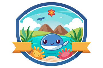 Naklejka premium Cartoon Whale in a Scenic Coastal Badge Design