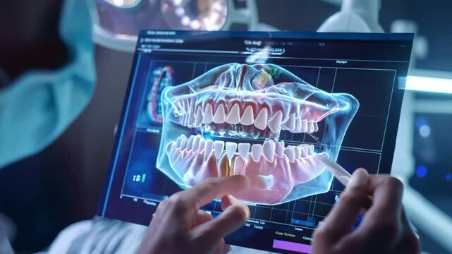 Advanced dental scan technology displaying detailed teeth structure on screen in a modern dentist office