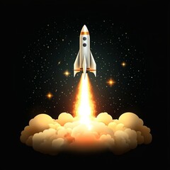 Illustration of a rocket launching into space with bright flames and smoke, set against a starry night sky. Ideal for space exploration themes.