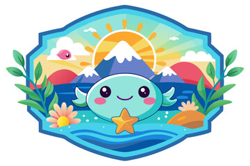Naklejka premium Cute Cartoon Whale with a Starfish in a Mountainous Landscape