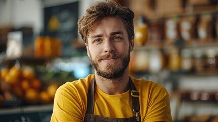 Fototapeta premium Shop worker in a yellow shirt. Generative AI.