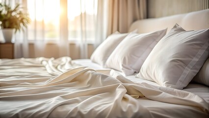 Cozy white linens on the bed in a modern luxurious hotel room.